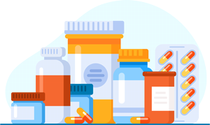 illustration of pill bottles aligned in row.